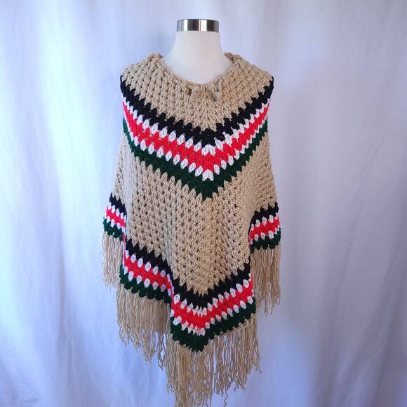 Unknown Sweaters - Handcrafted Brown Red Chevron Stripe Crochet Poncho Fringe Sweater Small/Medium